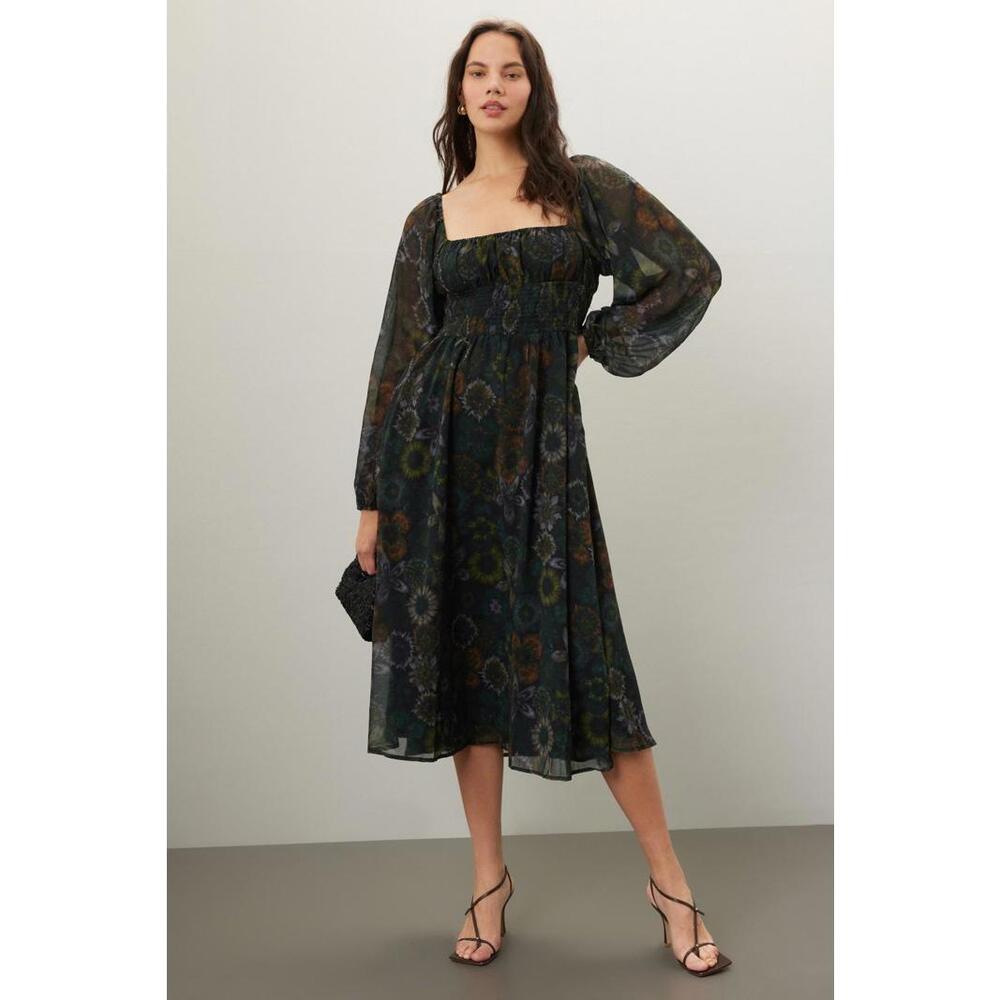 Slate & Willow Green Square Neck Printed Midi Dress Size M with Fabric Pull